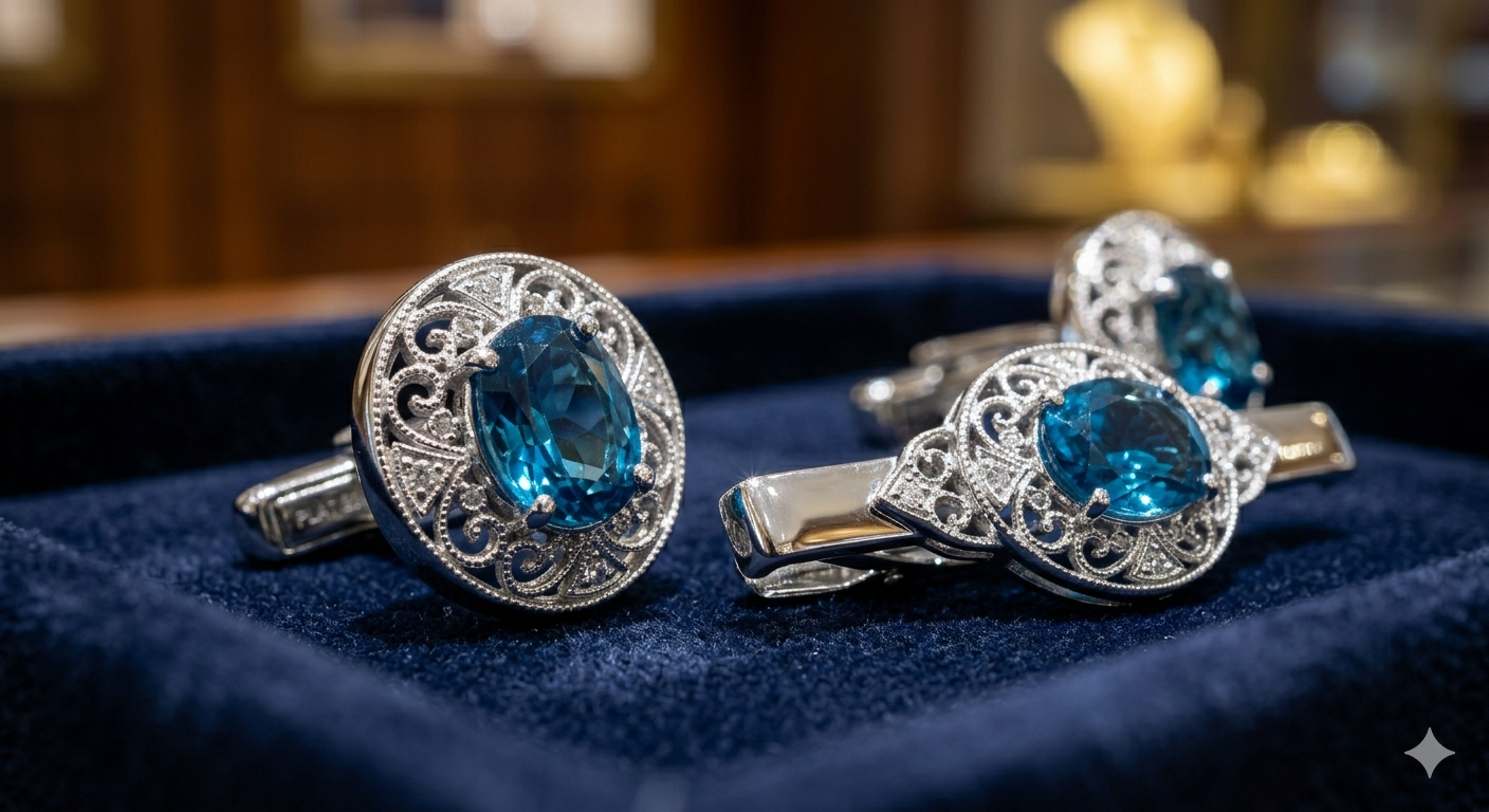 Royal Cufflinks & Tie Bar in platinum 950 with Topaz - Image 2