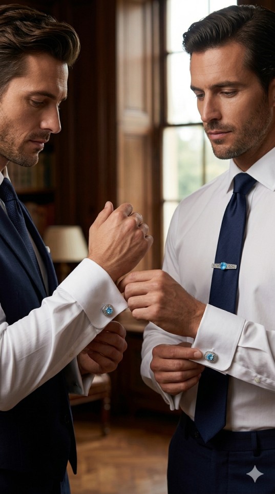 Opulence Cufflinks & Tie Bar in 925 sterling silver with Aquamarine - Image 3