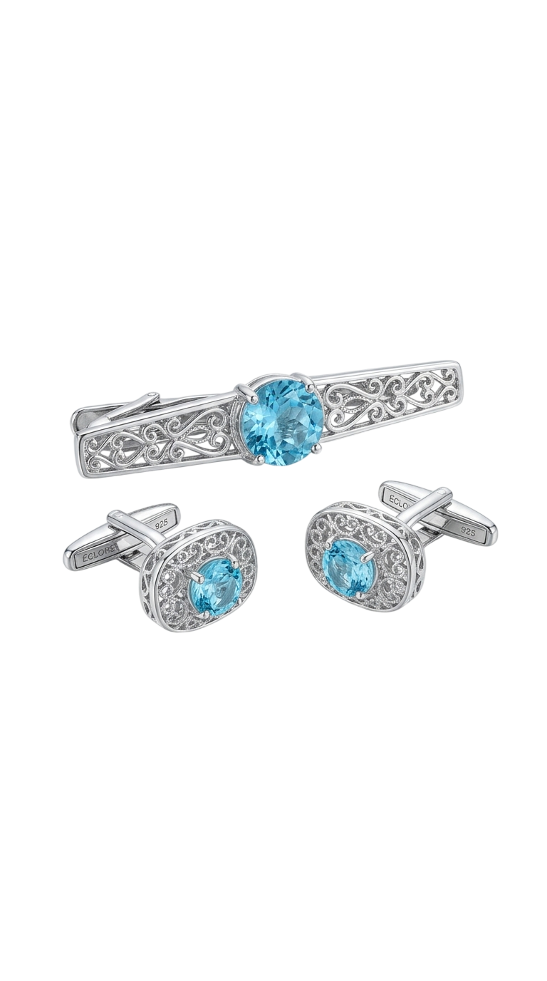 Opulence Cufflinks & Tie Bar in 925 sterling silver with Aquamarine