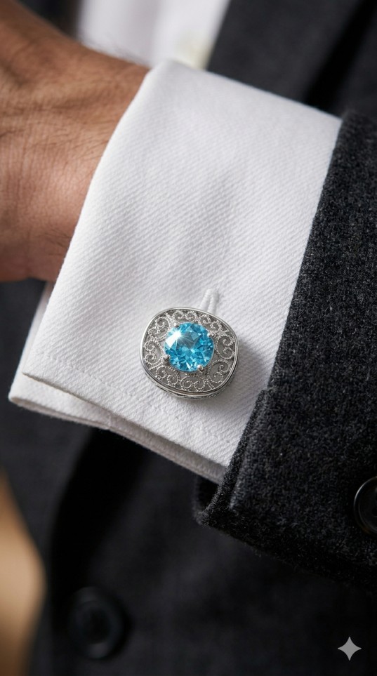 Opulence Cufflinks & Tie Bar in 925 sterling silver with Aquamarine - Image 5