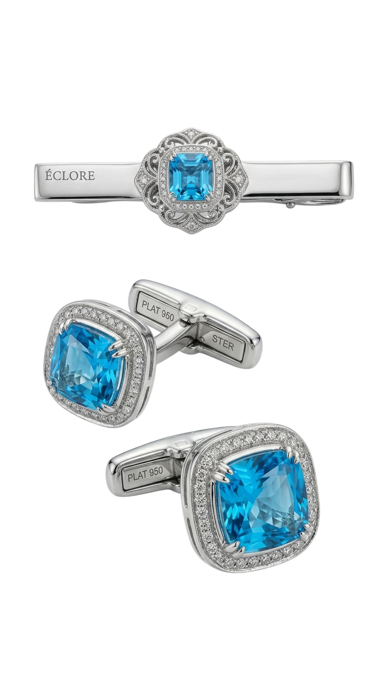 Royal Cufflinks & Tie Bar in platinum 950 with Topaz