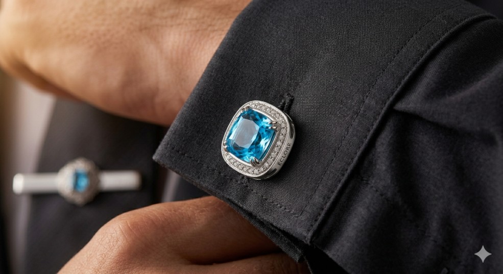 Royal Cufflinks & Tie Bar in platinum 950 with Topaz - Image 5