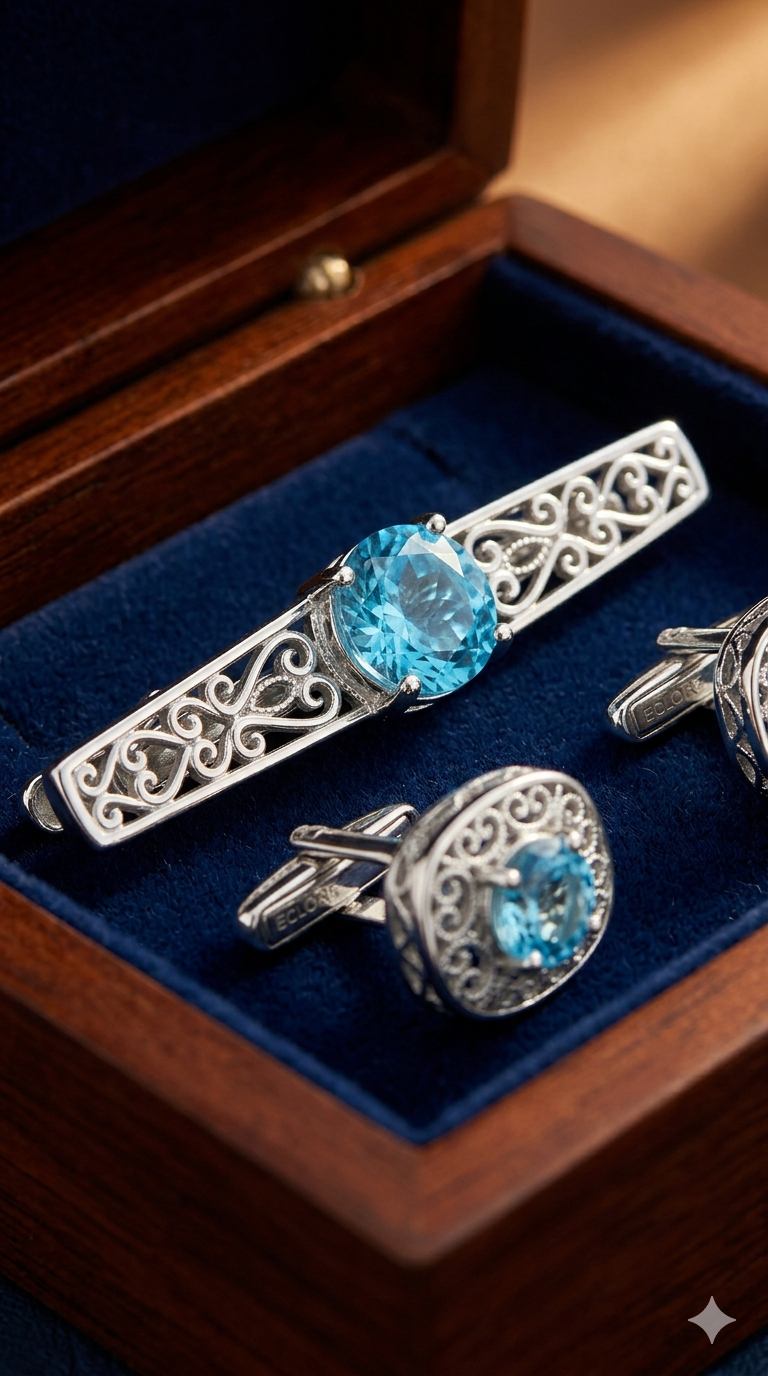 Opulence Cufflinks & Tie Bar in 925 sterling silver with Aquamarine - Image 2